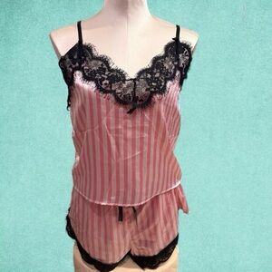 VS INSPIRED preloved Pink Striped Lace Trim Cami PJ Set Size S/M